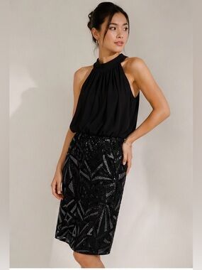 Vince Camuto Black Sequin Geometric Pencil Skirt - Women's